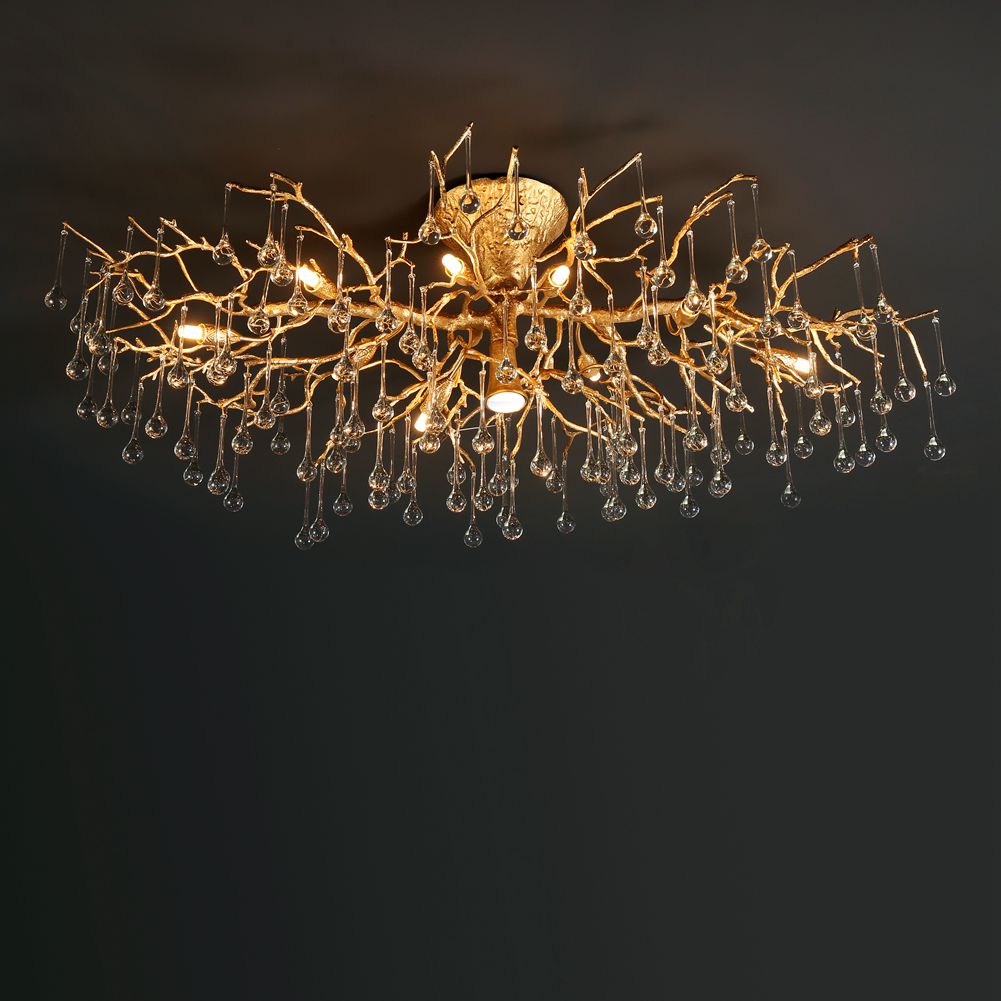 Brass Branch Ceiling Light with Glass Raindrop Pendants Light