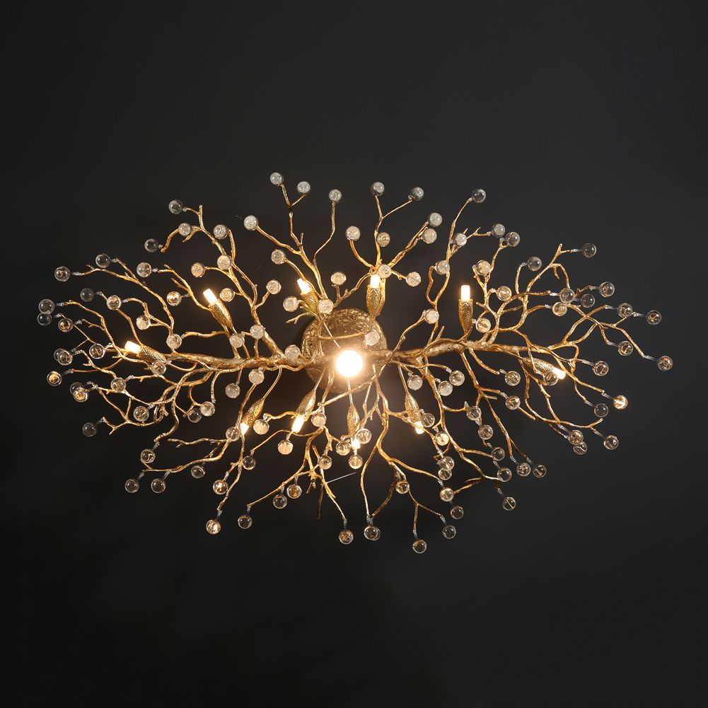 Brass Branch Ceiling Light with Glass Raindrop Pendants Light