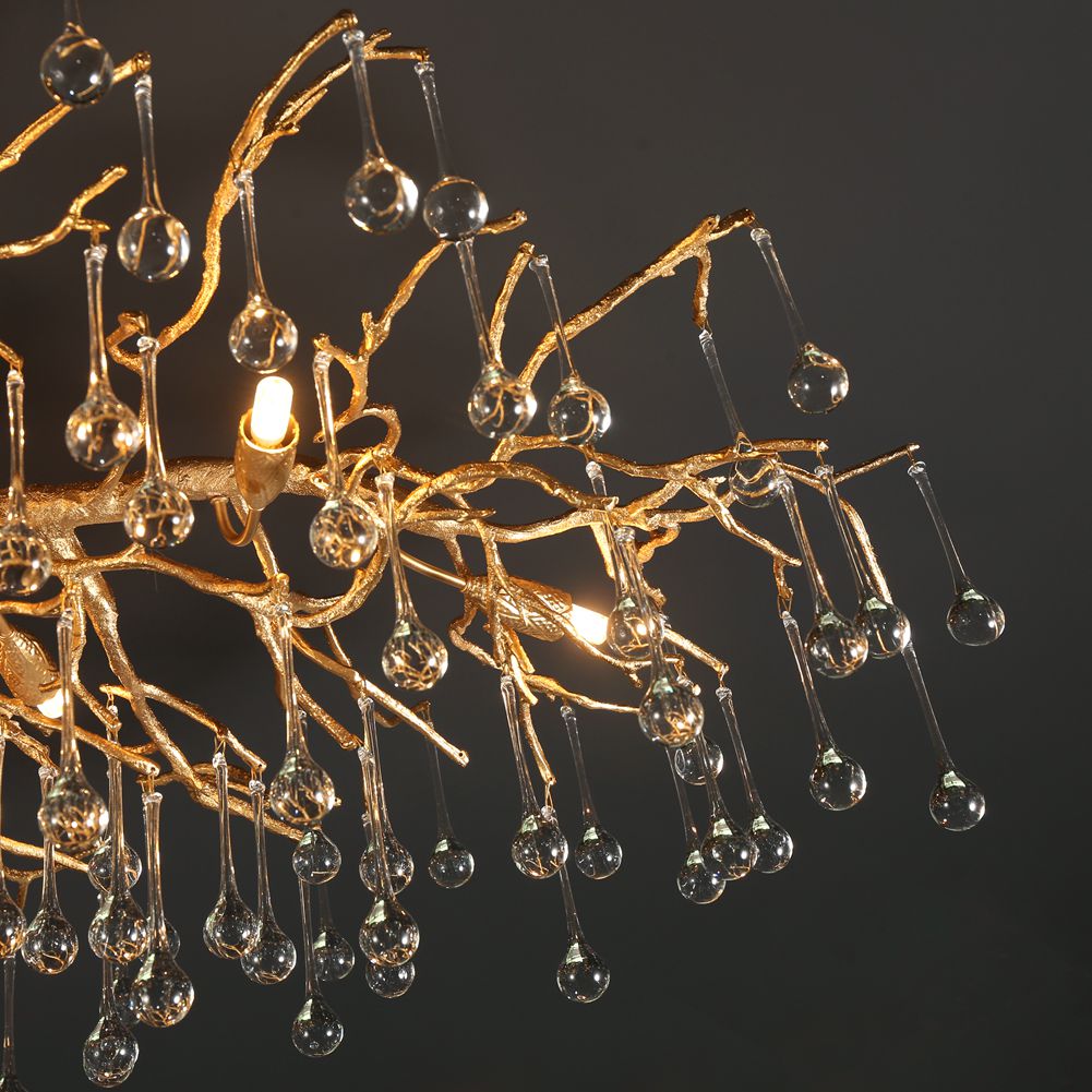 Brass Branch Ceiling Light with Glass Raindrop Pendants Light