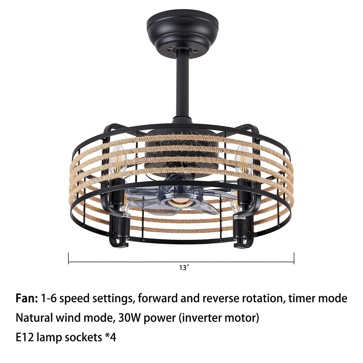 6-Speed LED Ceiling Fan with Remote & Natural Wind Mode,  30W, E12 x4 for living room